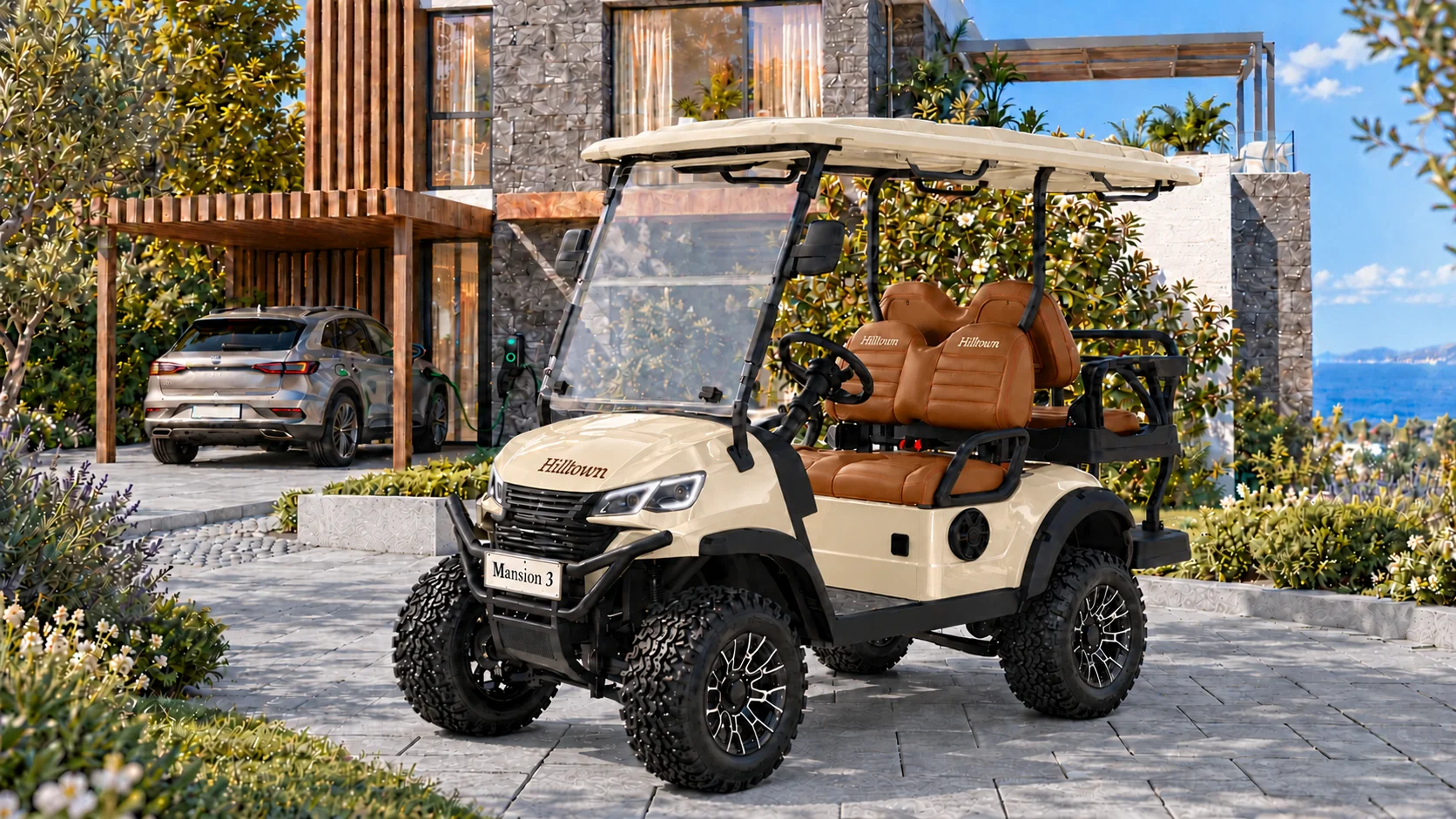 Hilltown logolu krem gövdeli, taba koltuklu villaya özel elektrikli buggy