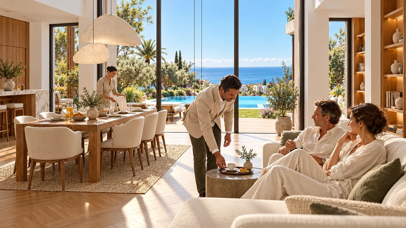 Villanın salonunda ev sahiplerine servis yapan otel görevlisi, arkada yemek alanını hazırlayan housekeeping ekibi