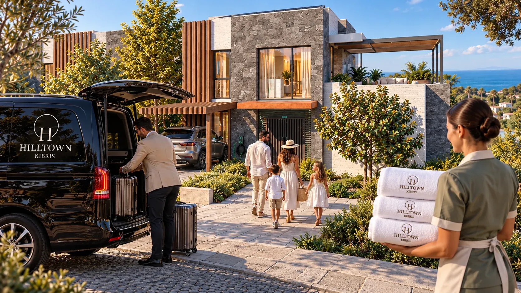 Villanın önünde bagajları indirilen Hilltown aracı ve evine yürüyen aile